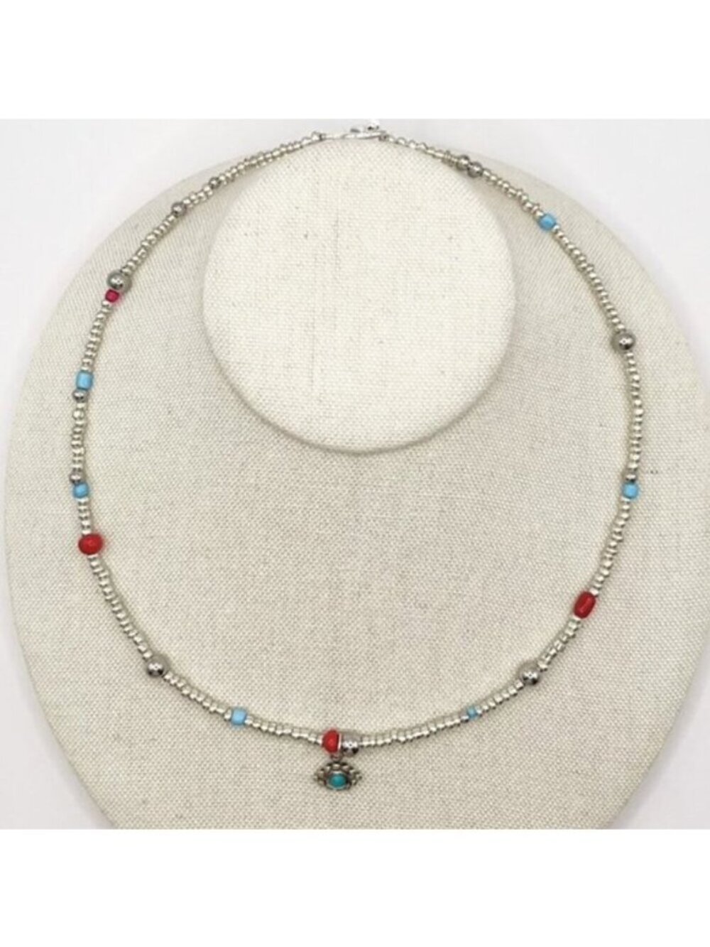 Handmade Silver Beaded Necklace with Scosha Turquoise Eye Pendant